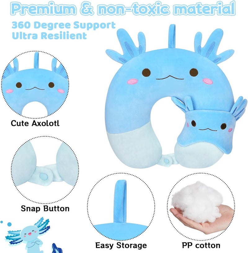 JEROKUMI Kids Neck Pillows for Travel, Travel Pillow with Eye Mask Cartoon Axolotl U Shaped Neck Pillow for Sleeping Travel, Head Support Neck Pillow for Kids Teens Airplane Roadtrip Car - Image 2